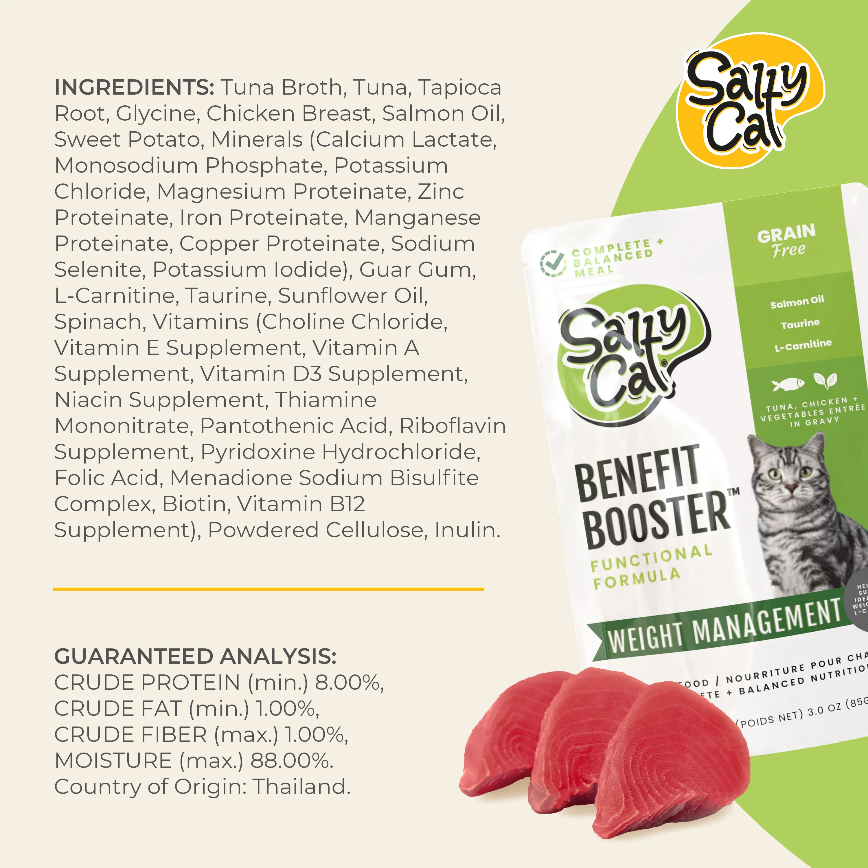 Salty Cat Benefit Booster Weight Management Tuna & Chicken Entrée in Broth Functional Wet Cat Food for Cats, 85g x 12 Pouches - Image 8