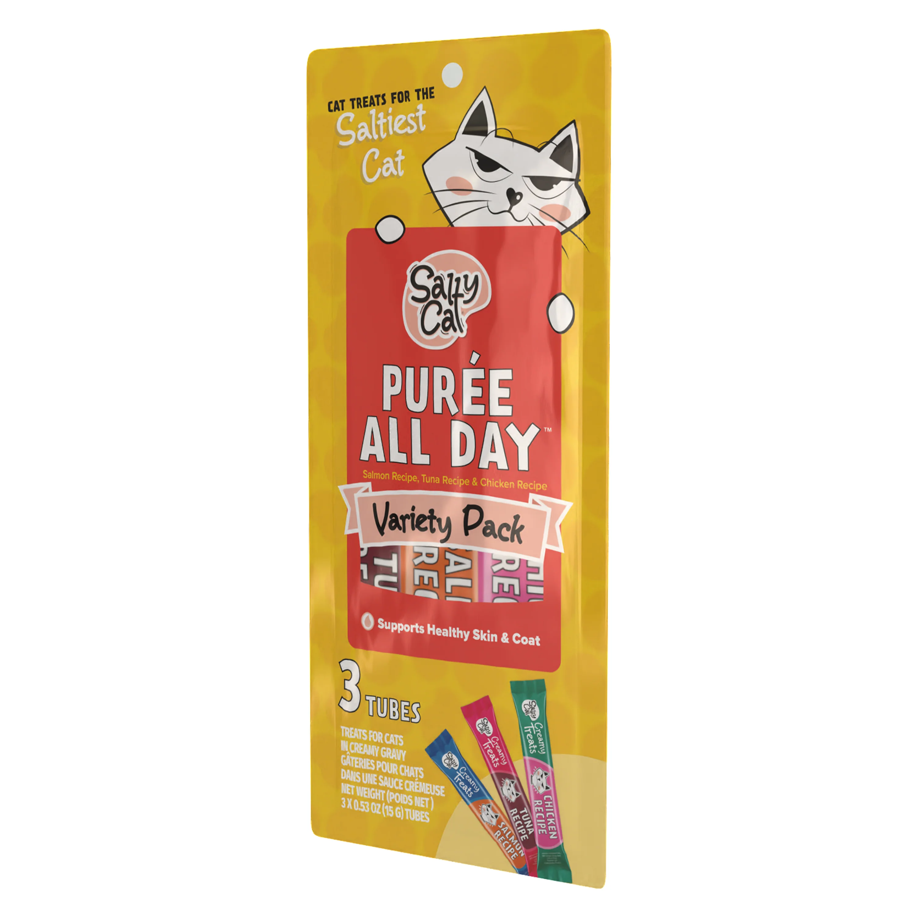 Salty Cat Purée All Day Natural Creamy Tuna, Salmon & Chicken Variety Pack Tube Treats for Cats, 15g x 36 Tubes - Image 3