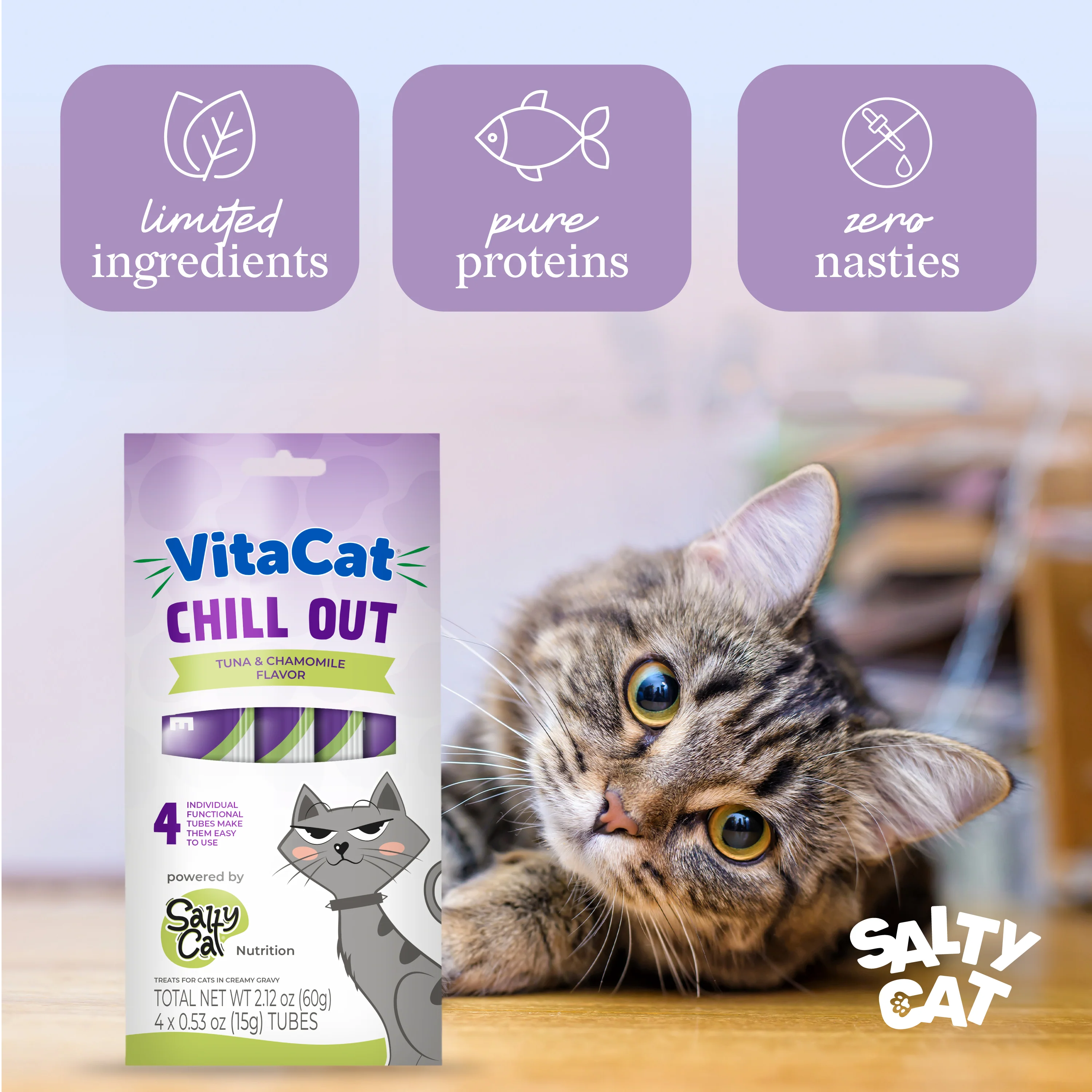 Salty Cat VitaCat Chill Out Tuna & Chamomile Flavor Creamy Treats for Cats, 4 x 15g Tubes - Image 5